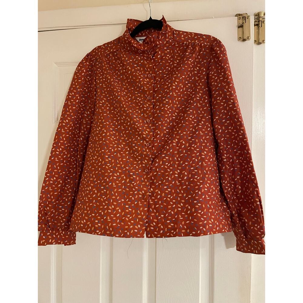 Vintage long sleeve burnt orange leaf printed button up shirt